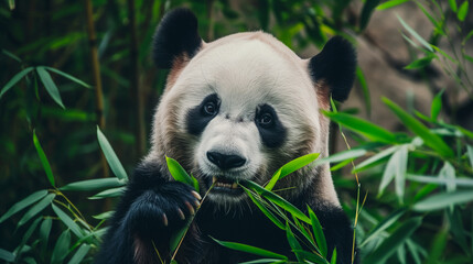 Obraz premium Panda bear munching on bamboo, lush green leaves around, soft focus background 