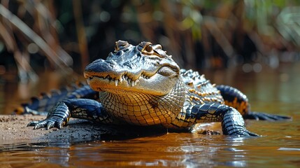 Fototapeta premium A nile crocodile, Crocodyles niloticus, basks on the edge of a river 