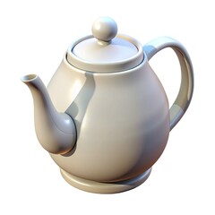 A shiny white teapot reflects modern design Teapot.  Hot tea brews in ceramicware.  Teapot isolated on white background.