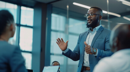 a Black entrepreneur presenting a business proposal to investors in a stylish conference room