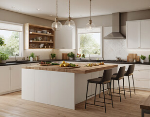 Fototapeta premium a high-quality 3D render of a modern kitchen interior, highlighting sleekness and functionality. Incorporate state-of-the-art appliances, minimalist cabinetry, and a spacious island with bar seating. 