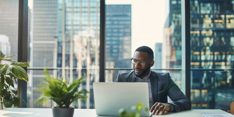 Fototapeta premium a Black entrepreneur working on a laptop in a minimalist office with a view of the city skyline
