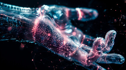 Glowing wireframe hologram of human hand on black background .