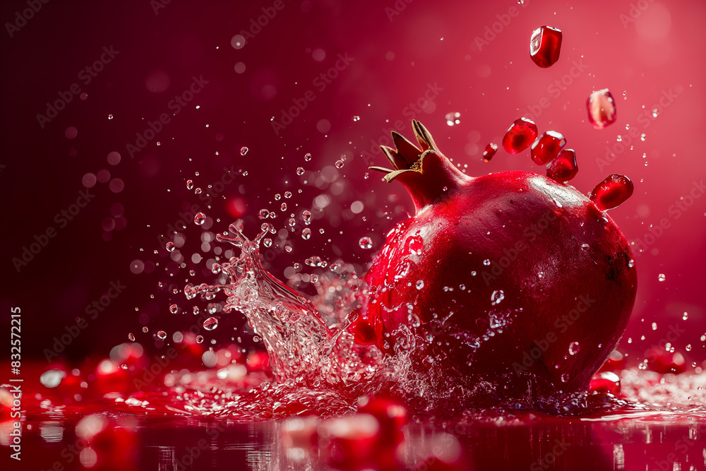 Poster pomegranate juice splashing on a red to dark red gradient background, rich and bold
