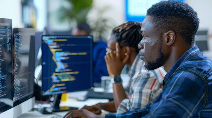 a Black tech startup team collaborating on a coding project in a modern office