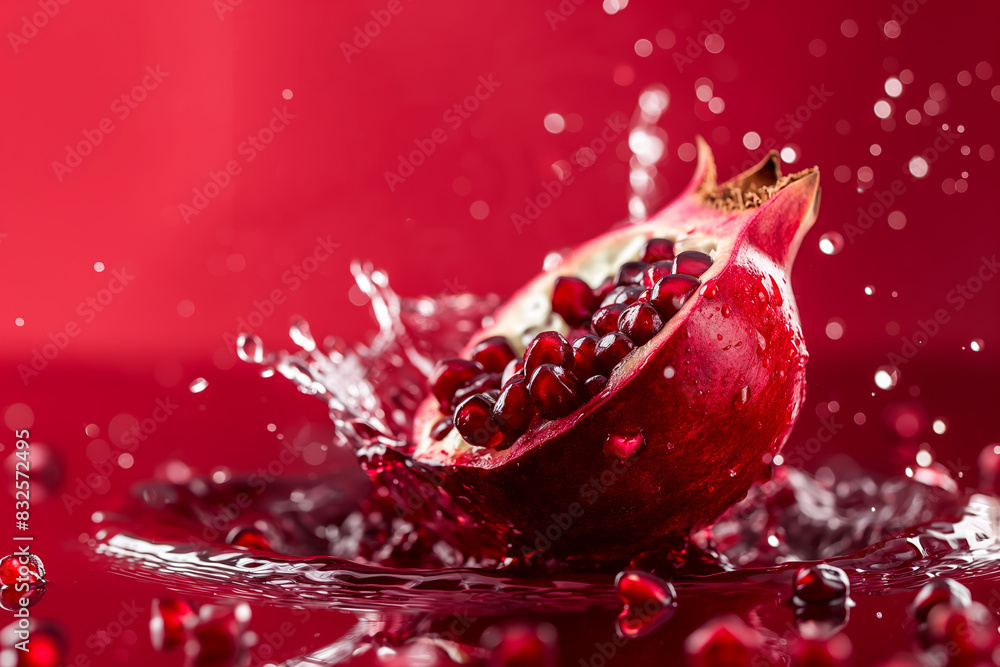 Poster pomegranate juice splashing on a red to dark red gradient background, rich and bold
