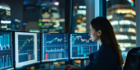 a Brazilian businesswoman analyzing financial data on multiple screens in a high-rise office