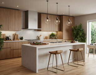 a high-quality 3D render of a modern kitchen interior, highlighting sleekness and functionality. Incorporate state-of-the-art appliances, minimalist cabinetry, and a spacious island with bar seating. 