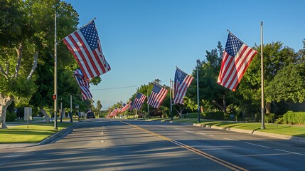 The photo shows a street in a residential area. There are American flags flying on both sides of the street. The street is lined with trees, and there are houses in the background.
