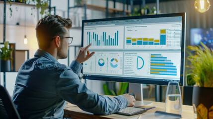 a business analyst reviewing charts and graphs on a large screen in a bright office