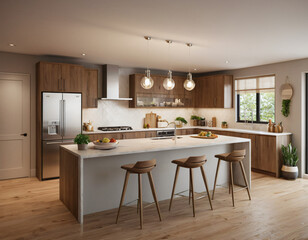 a high-quality 3D render of a modern kitchen interior, highlighting sleekness and functionality. Incorporate state-of-the-art appliances, minimalist cabinetry, and a spacious island with bar seating. 