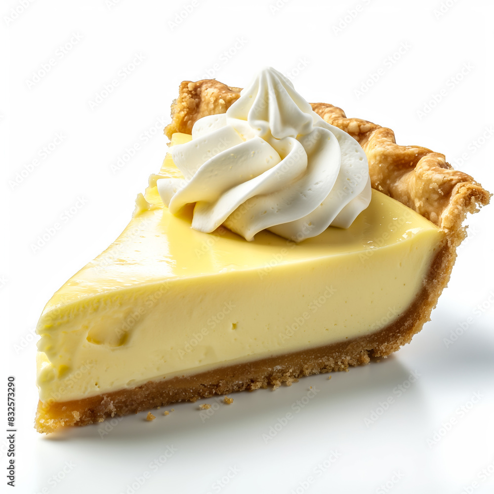 Poster side view of a classic key lime pie with whipped cream topping isolated on white background