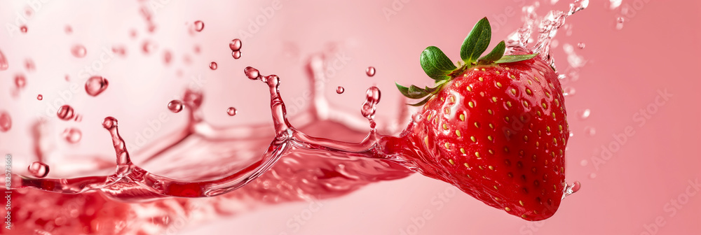 Poster strawberry juice splash on a pink to red gradient background, dynamic and bold