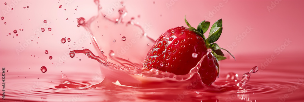 Poster strawberry juice splash on a pink to red gradient background, dynamic and bold