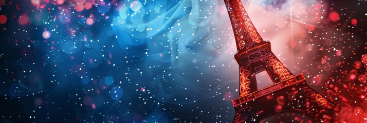 Horizontal banner. Bastille Day, French national day. Fireworks over Paris against the background of the the Eiffel Tower. Effect bokeh. Free space for text