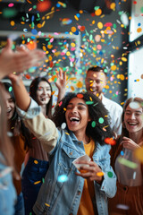 a group of colleagues celebrating a successful project with a casual office party