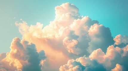 The serene beauty of a sky with fluffy clouds, softly illuminated by the warm light of the evening sun