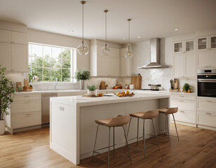 Fototapeta premium a high-quality 3D render of a modern kitchen interior, highlighting sleekness and functionality. Incorporate state-of-the-art appliances, minimalist cabinetry, and a spacious island with bar seating. 