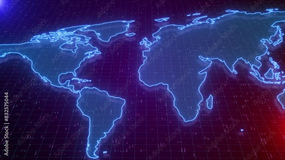 Poster holographic earth and optical light effect and data transfer tech. futuristic world map animation, w