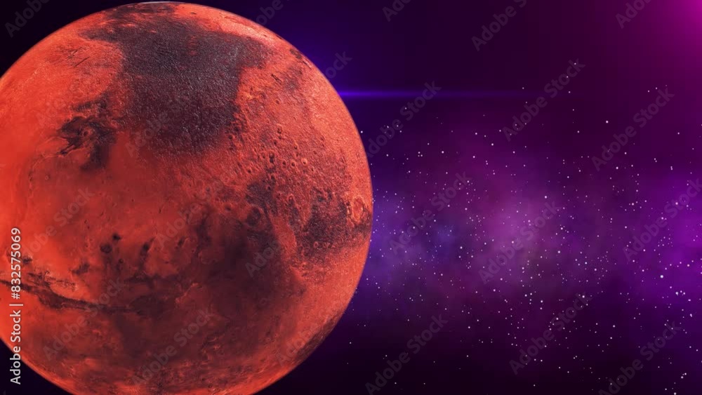 Poster 3d planet mars planet rotating with sun on space. 3d mars rotating outer space. beautiful planet mar