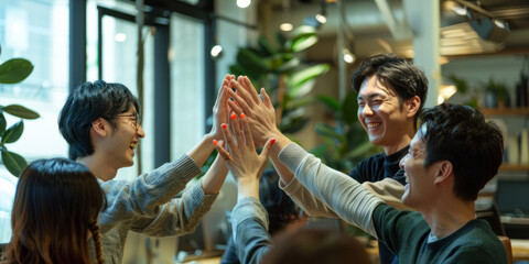 a Japanese tech startup team celebrating a product launch with high-fives and cheers