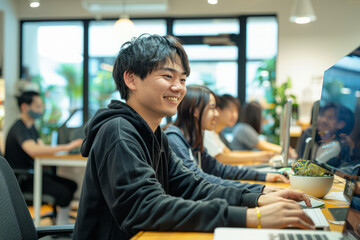 a Japanese tech team collaborating on software development in a trendy coworking space