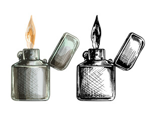 Metal open handle lighters with flame. Vintage vector hatching black hand drawn illustration