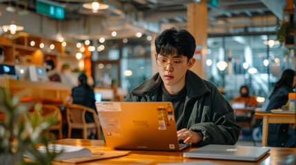 a Korean entrepreneur working on a business plan in a trendy coworking space