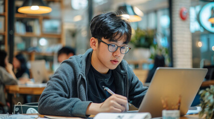 a Korean entrepreneur working on a business plan in a trendy coworking space