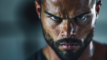 A portrait of a determined man showing sweat in high resolution, capturing intensity and focus