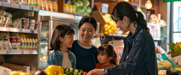 Fototapeta premium a Korean family managing a local grocery store, interacting with happy customers