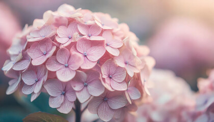 hydrangea flower in light pink pastel hues. The delicate petals create a serene, dreamy ambiance, symbolizing grace, beauty, and purity in nature's intricate design