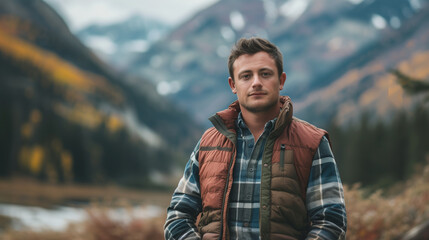 Man outdoor in casual clothing. Background in mountains