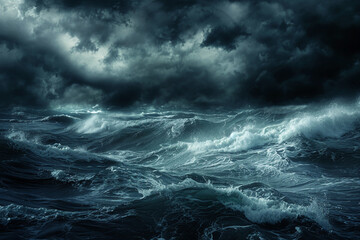 Dark stormy sky over ocean, dramatic scene, powerful waves, top view, illustrating natures fury, digital tone, Monochromatic Color Scheme.