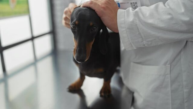 A man in a veterinary clinic examining a dachshund on a table with his hands gently holding the dog's head, creating a professional and caring pet healthcare scene.