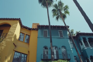 Naklejka premium Tourist destination colorful city candy buildings South America architecture old houses palms art home exterior facade town streets historic exploration warm tropical county tourism aesthetic