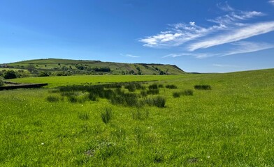 A lush green meadow, stretches towards rolling hills under a bright blue sky, dotted with a few white clouds near, Helmshore, Lancashire, UK