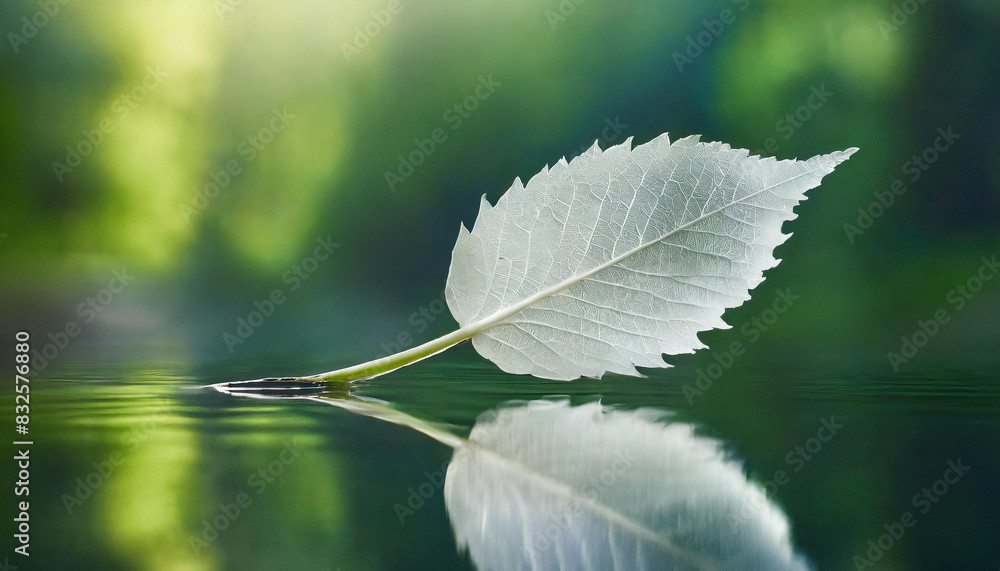 Sticker white transparent leaf rests on a mirror, reflecting its delicate structure against a vibrant green background. The macro shot highlights intricate details, creating a serene and abstract visual