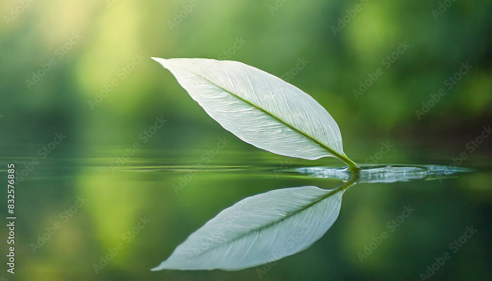 Sticker white transparent leaf rests on a mirror, reflecting its delicate structure against a vibrant green background. The macro shot highlights intricate details, creating a serene and abstract visual