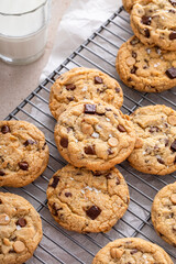 Fresh baked chocolate chip cookies on cooling rack