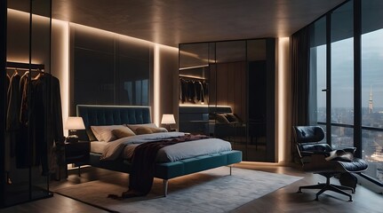 modern and minimal bedroom interior design, contemporary interior design, 3D render, cinematic lighting