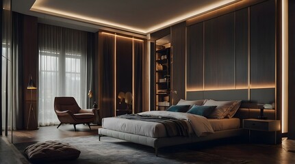 Obraz premium modern and minimal bedroom interior design, contemporary interior design, 3D render, cinematic lighting