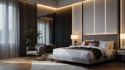 modern and minimal bedroom interior design, contemporary interior design, 3D render, cinematic lighting