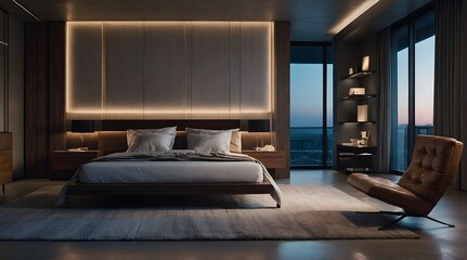 Fototapeta premium modern and minimal bedroom interior design, contemporary interior design, 3D render, cinematic lighting