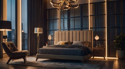 modern and minimal bedroom interior design, contemporary interior design, 3D render, cinematic lighting