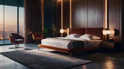 modern and minimal bedroom interior design, contemporary interior design, 3D render, cinematic lighting