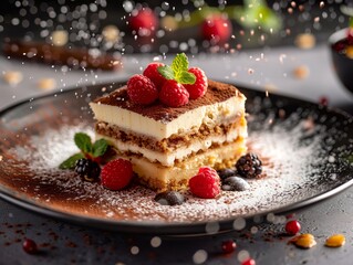 Close-up of a classic tiramisu dessert with layers, cocoa powder, and berries, ideal for a gourmet dessert menu