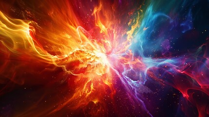 Obraz premium Close-up shot of a controlled antimatter reaction, showcasing its awe-inspiring beauty with vibrant colors and dynamic movement. Perfect for illustrating advanced science and technology