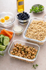 Healthy meal prep containers on kitchen counter