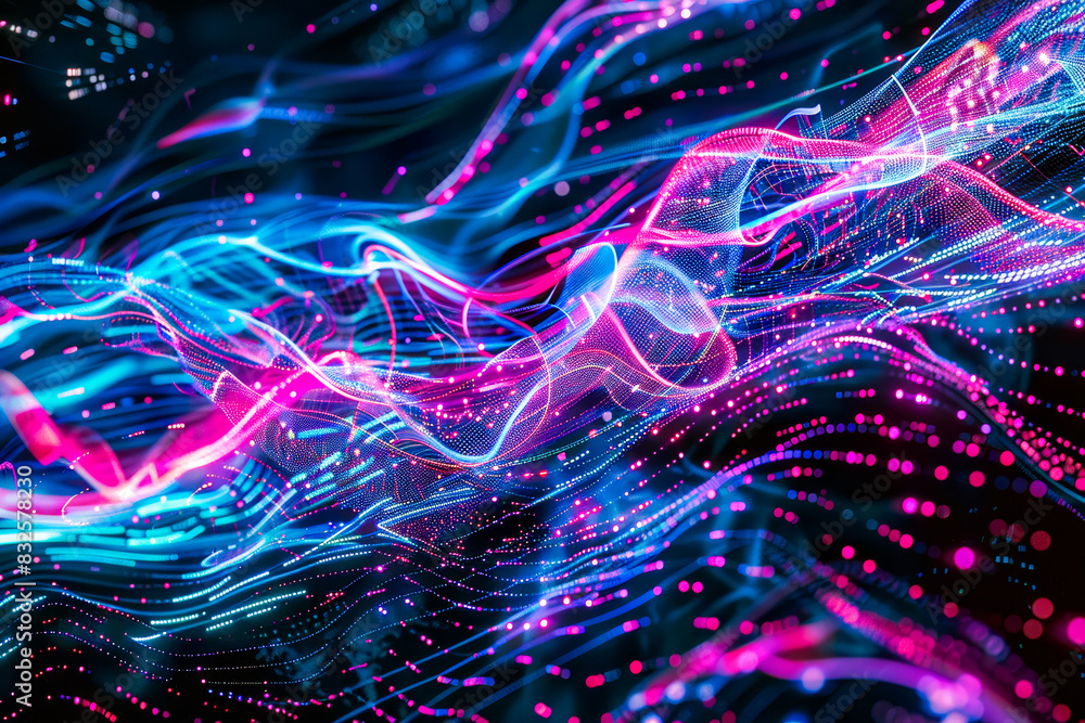Poster neon digital multicolored particles grid, moving dots in cyberspace light waves for hi-tech brochure